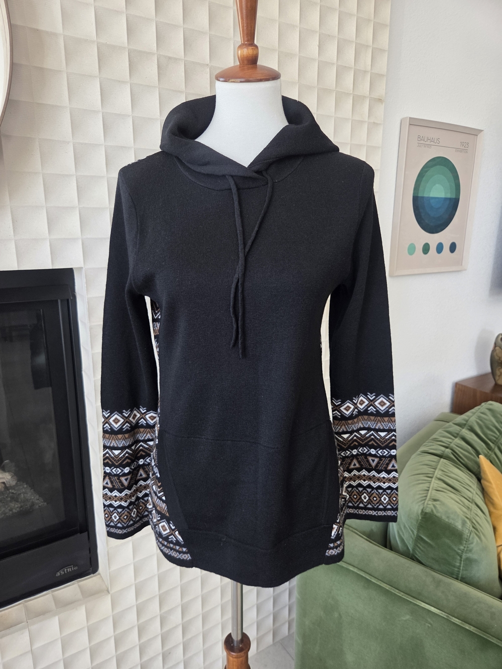 Krimson Klover Hailey Hoodie Wool Blend Sweater Black + Fair Isle Aztec Pattern